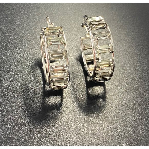 JMS 10K White Gold CZ Marquis Hoop Earrings Designer Signed